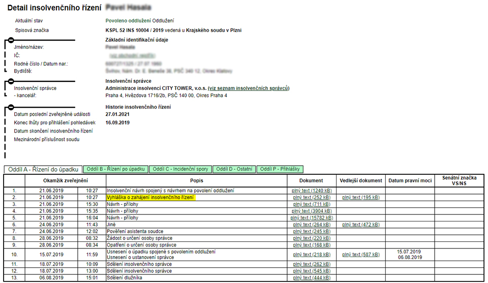 Insolvenční rejstřík – tabulka 2: Detail insolvenčního řízení z rejstříku